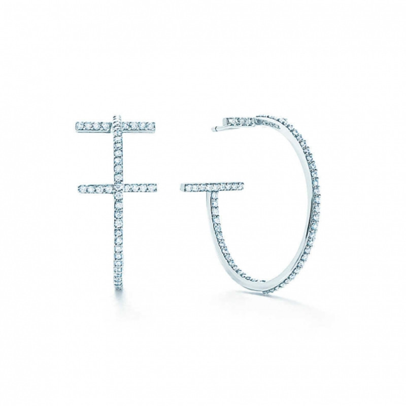 Серьги-кольца Tiffany T Wire, белое золото, бриллианты (33430019)