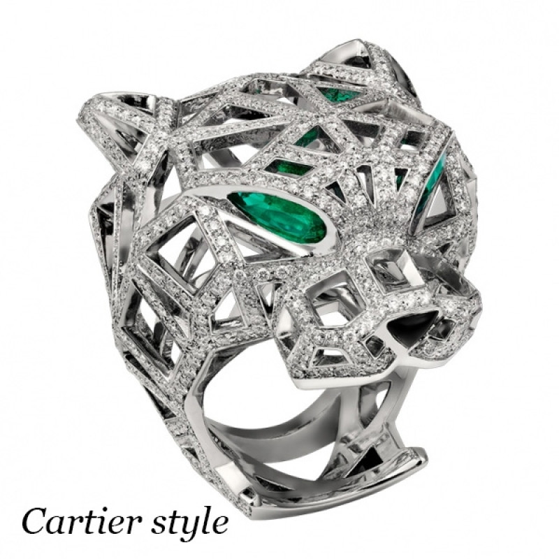 Кольцо Panthere de Cartier, белое золото, бриллианты, изумруды