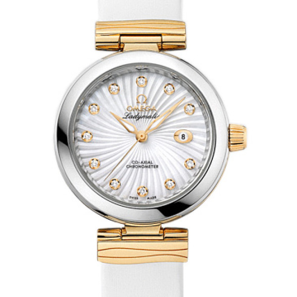 Omega De Ville Ladymatic Steel - yellow gold on white leather strap 2013