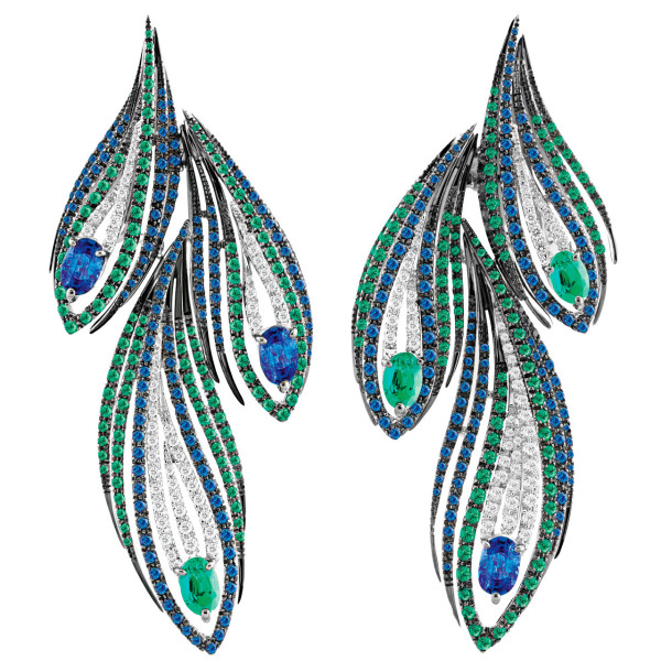 Сережки Damiani Masterpieces Peacock біле золото, діаманти, сапфіри, смарагди
