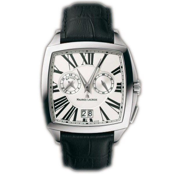 Maurice Lacroix Watch Miros Coussin Reveil (SS / Silver / Black Leather)
