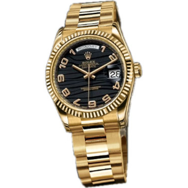 Rolex Watch Day-Date 36mm Oyster Yellow Gold - Fluted Bezel black dial Arabic