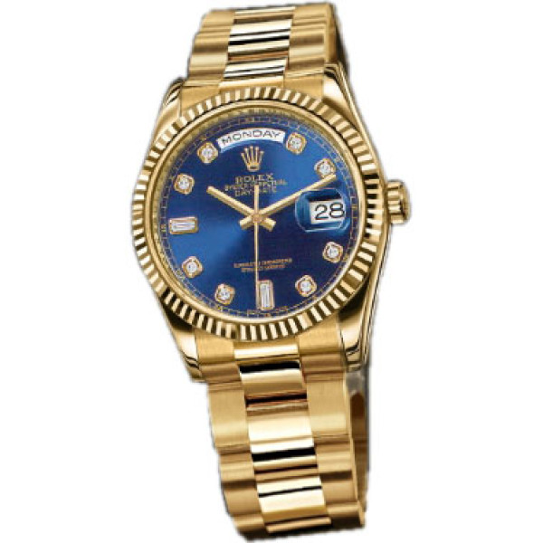 Rolex watches Day-Date 36mm Oyster Yellow Gold - Fluted Bezel Blue dial Diamond
