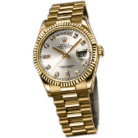 Rolex Watch Day-Date 36mm President Yellow Gold - Fluted Bezel Silver Diamond Diamond