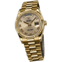 Годинники Rolex Day-Date 36mm President Yellow Gold - рифлений безель, циферблат кольору шампанського, римський