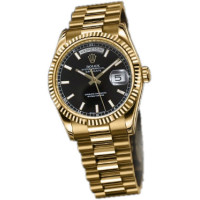 Rolex Watch Day-Date 36mm President Yellow Gold - Fluted Bezel Black Dial Markers