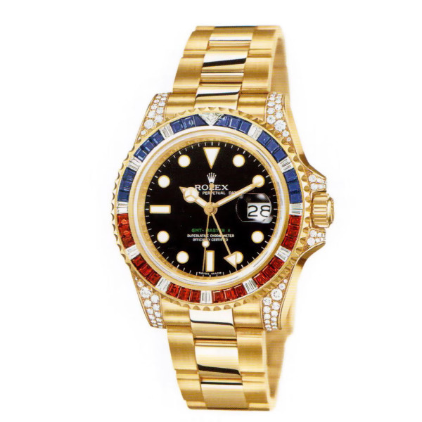 Rolex watches GMT Master II Yellow Gold Diamonds Sapphires Rubies Black  Dial