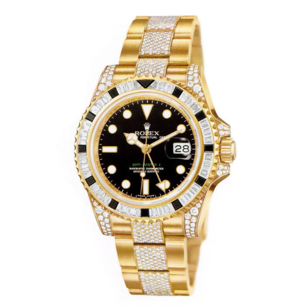 Rolex Watch GMT Master II Yellow Gold Black Diamonds Bracelet Diamonds