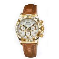 Rolex Watch Daytona Yellow Gold - Leather Strap White Dial Diamonds