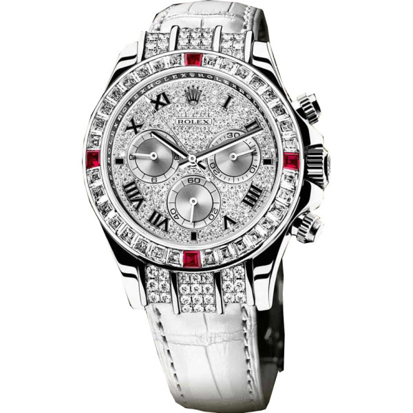 Rolex Watch Daytona White Gold - Diamond Bezel 4 Rubies Pave Diamonds Dial