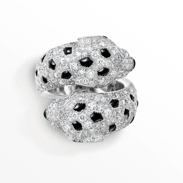 Кольцо Panthere de Cartier, белое золото, бриллианты, оникс, изумруды