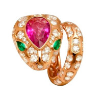 Кольцо Bvlgari Serpenti, розовое золото, бриллианты, рубин, изумруды